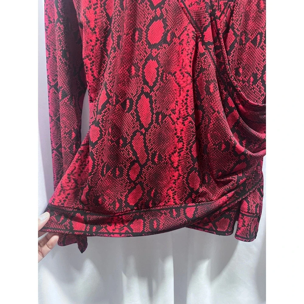 Michael Kors Womens Red Snakeskin Print Faux Wrap Long Sleeve Top Side Ruched M